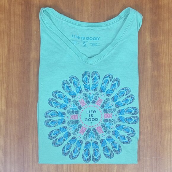 Life is Good Flip Flop Sunburst Green V-neck Short Sleeve Crusher Tee - S - Picture 4 of 10